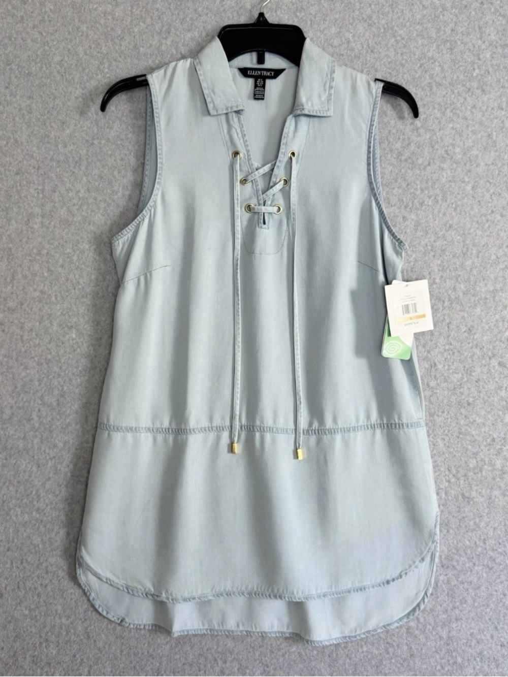 Ellen Tracy Tunic Top Womens Small Blue Tencel Denim Lace Up Rodeo Western Boho
